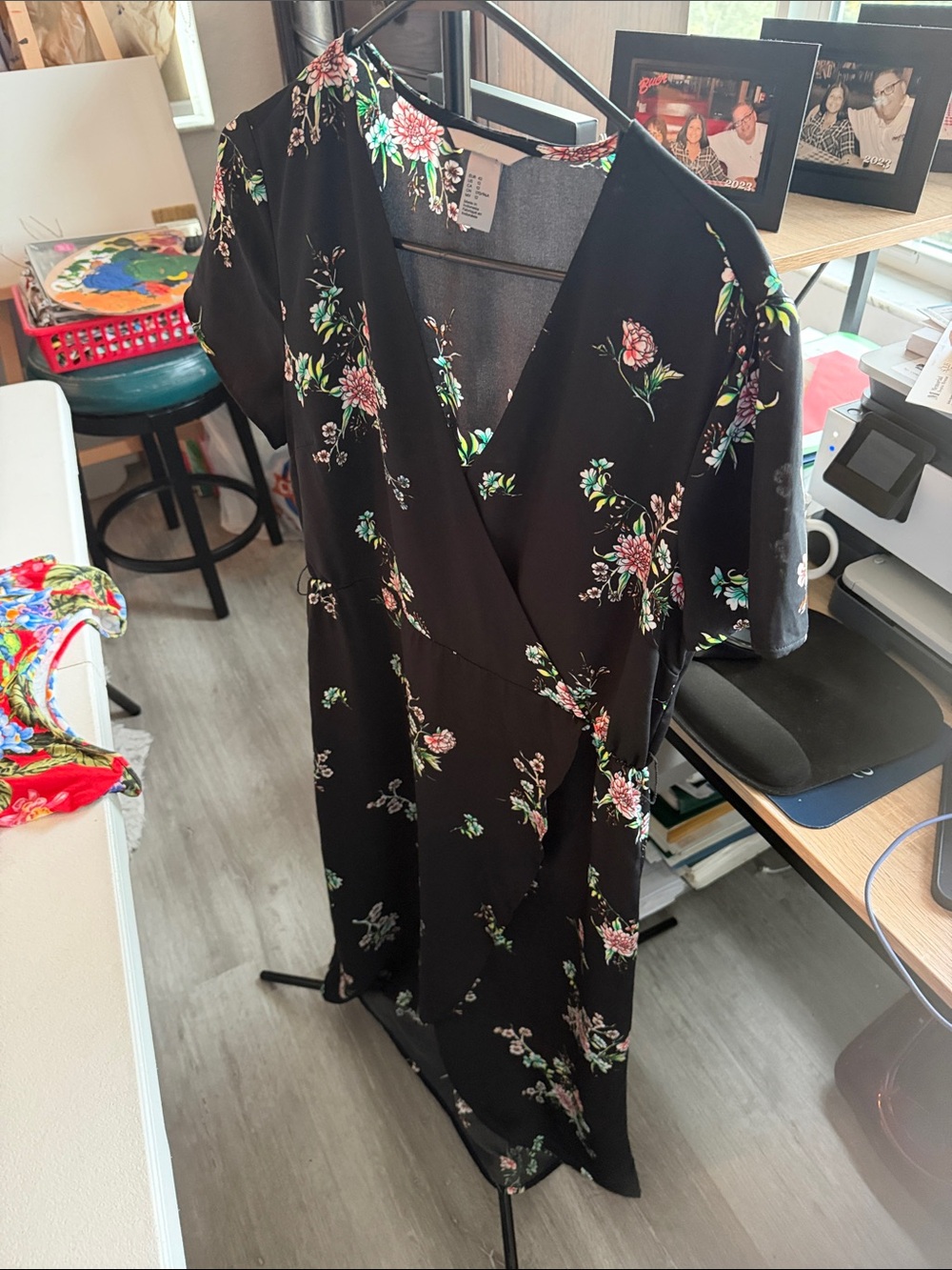 H&M Black Midi Wrap Dress with Pink and Green Floral Print - Picture 7 of 9
